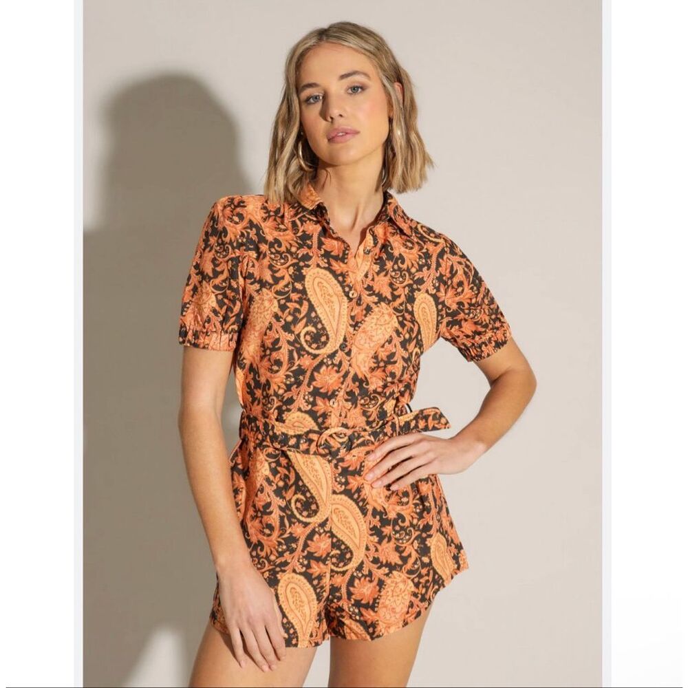 Charlie Holiday Playsuit Romper Floral Sz 2 Orange Gigi Linen Blend Paisley